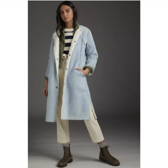 Anthropologie Pilcro Reversible Sherpa Denim Midi Length Duster Coat(XS) - Picture 1 of 16
